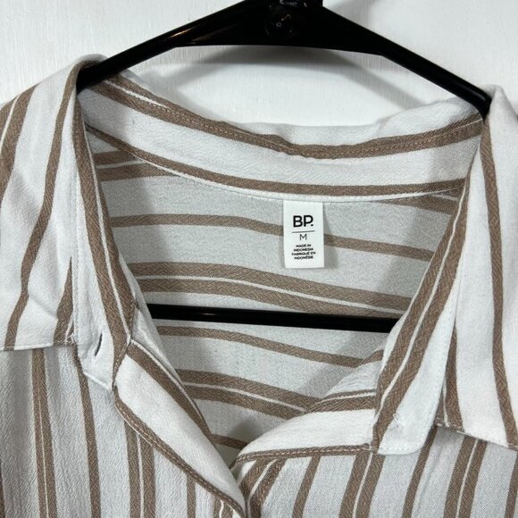 Nordstrom BP Tan & White Striped Button-Up Shirt | Long Sleeve Hi-Low Hem Size L - Picture 6 of 10